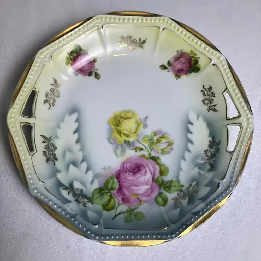 Antique PK Silesia Koenigszelt Handled Cake Plate Roses Gold Reticulated 9”